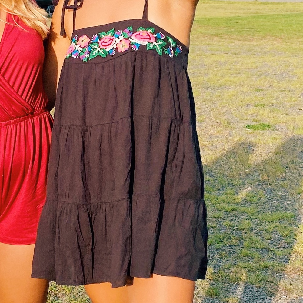 Urban Outfitters Black Embroidered Tiered Mini Dress